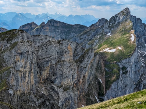 Spieljoch and Hochiss and their exposed cliffs with Karwendel in the distance