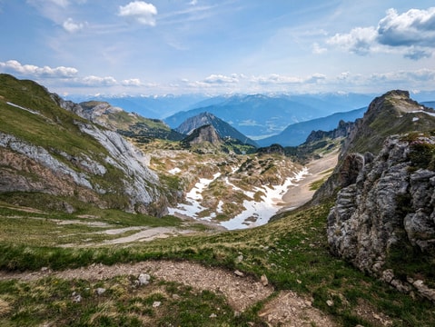 Rofan and Karwendel mountains with Gschöllkopf in focus as a part of descent from Hochiss