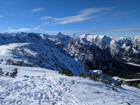 Sonnjoch, Gamsjoch, Lamsenspitze and other Karwendel mountains covered in snow