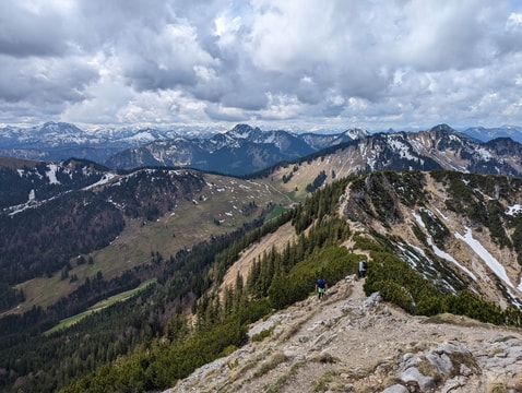 Part of the ridge on Brecherspitz going towards Untere Firstalm hut and Bodenschneid with Alps in the background