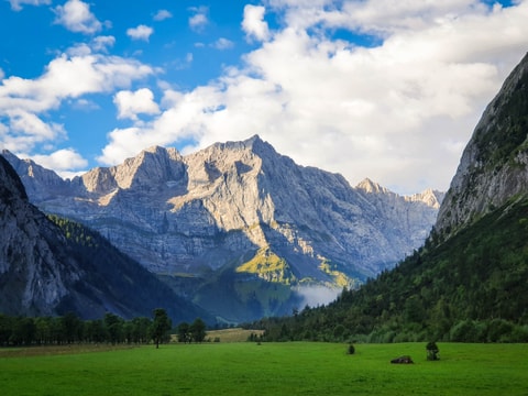 Spitzkarspitze in the first sun rays viewed from the Ahornboden valley