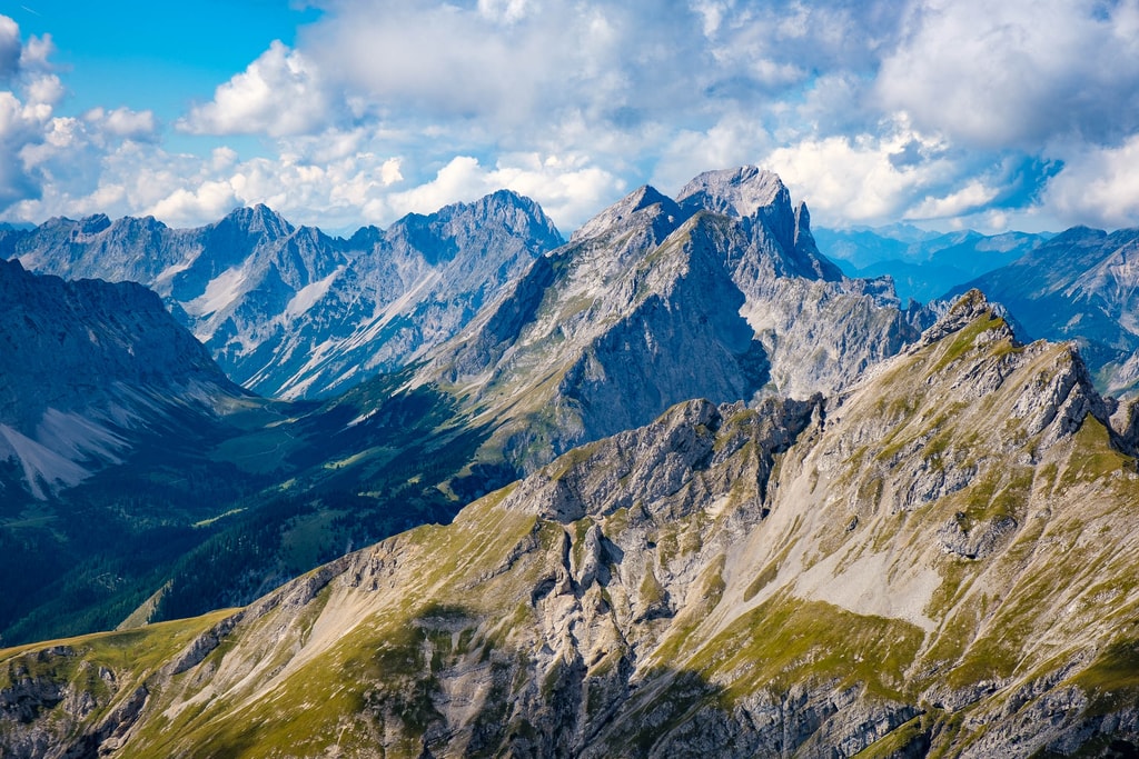 Spike-looking mountains in Karwendel viewed from the summit of Gamsjoch